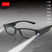 KLASSNUM Magnifying Glasses Men Reading Glasses with Led Light Women Magnifier Light Up Night Presbyopic Glasses Diopter +1- +4